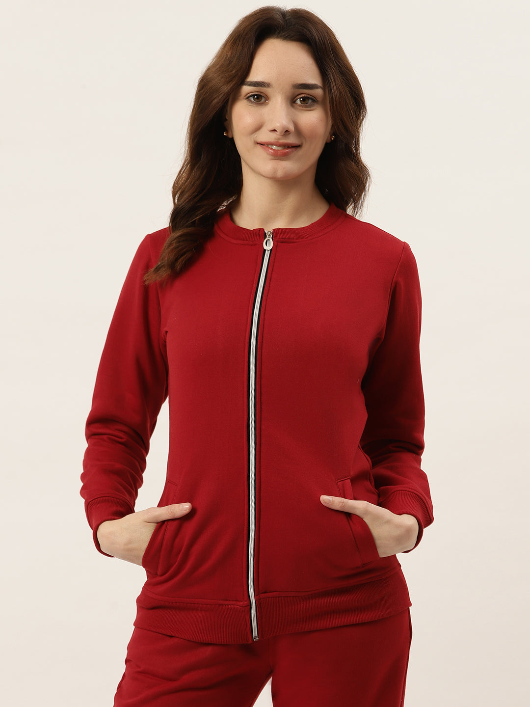 Women Collarless Solid Fleece Casual Bomber Jacket