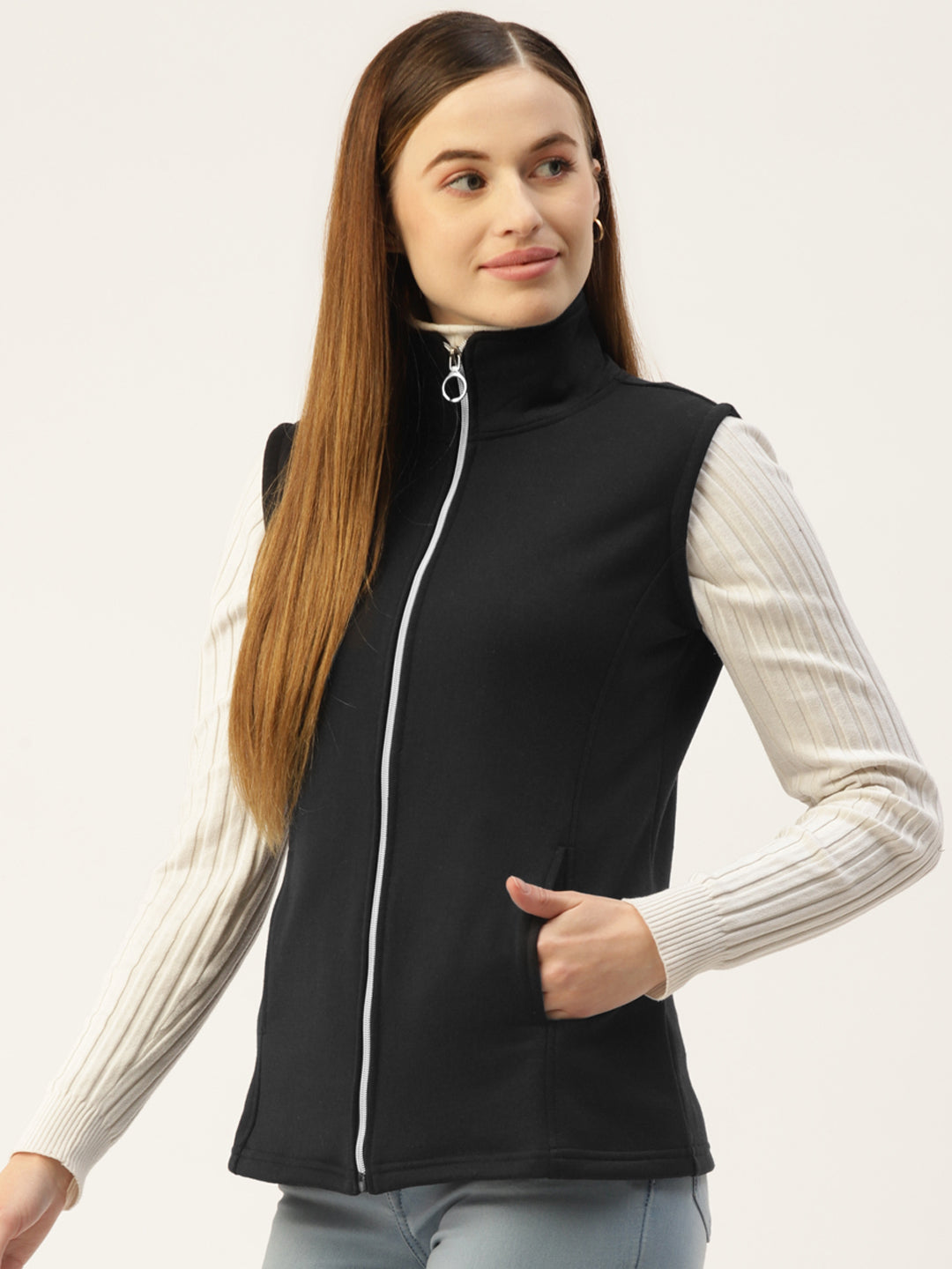 Solid Tailored Sleeveless Fleece Jacket