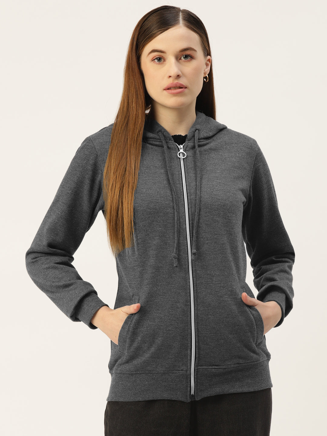 Solid Fleece-Lined Zip-Closure Hooded Sweatshirt with Pockets