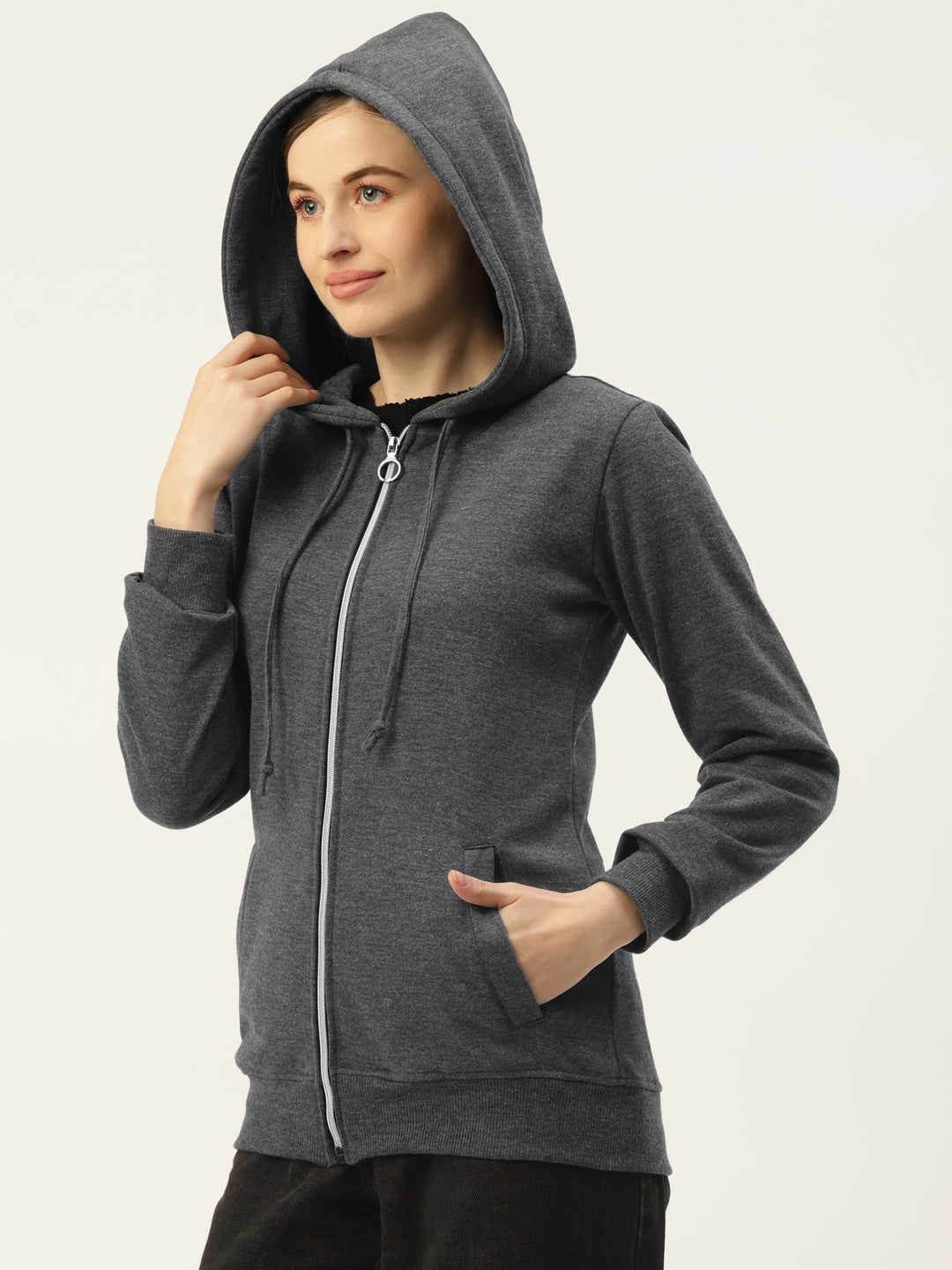 Solid Fleece-Lined Zip-Closure Hooded Sweatshirt with Pockets