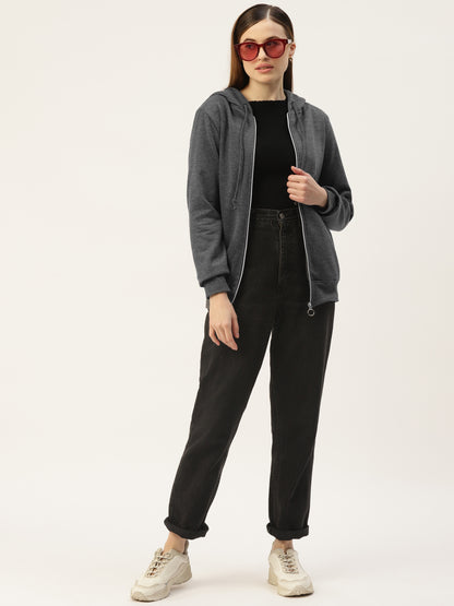 Solid Fleece-Lined Zip-Closure Hooded Sweatshirt with Pockets