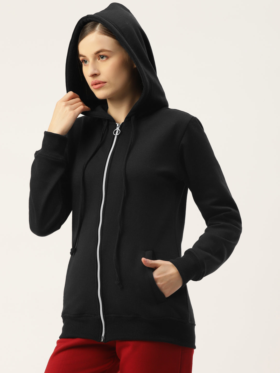 Solid Fleece-Lined Zip-Closure Hooded Sweatshirt with Pockets