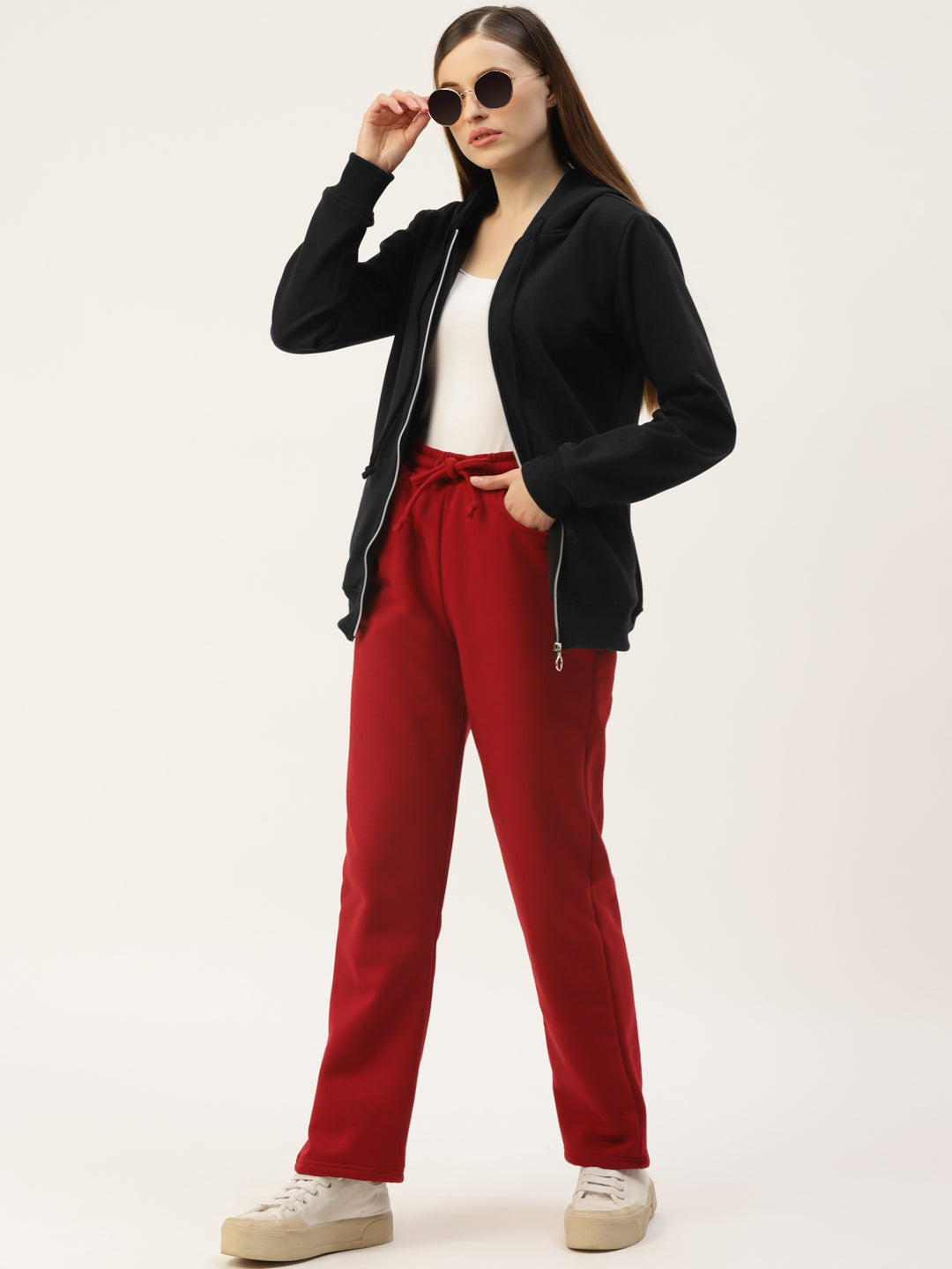 Solid Fleece-Lined Zip-Closure Hooded Sweatshirt with Pockets