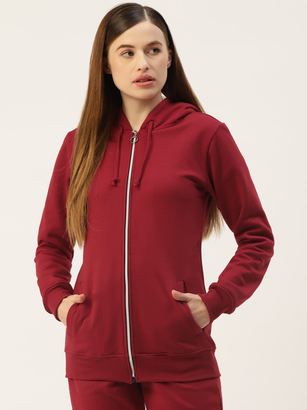 Solid Fleece-Lined Zip-Closure Hooded Sweatshirt with Pockets