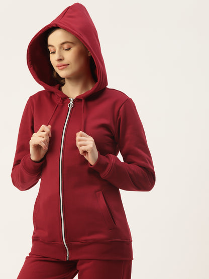 Solid Fleece-Lined Zip-Closure Hooded Sweatshirt with Pockets