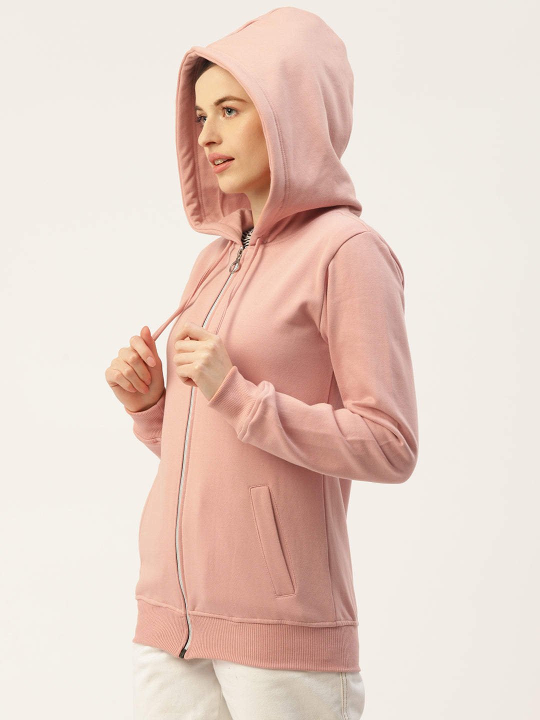Solid Fleece-Lined Zip-Closure Hooded Sweatshirt with Pockets