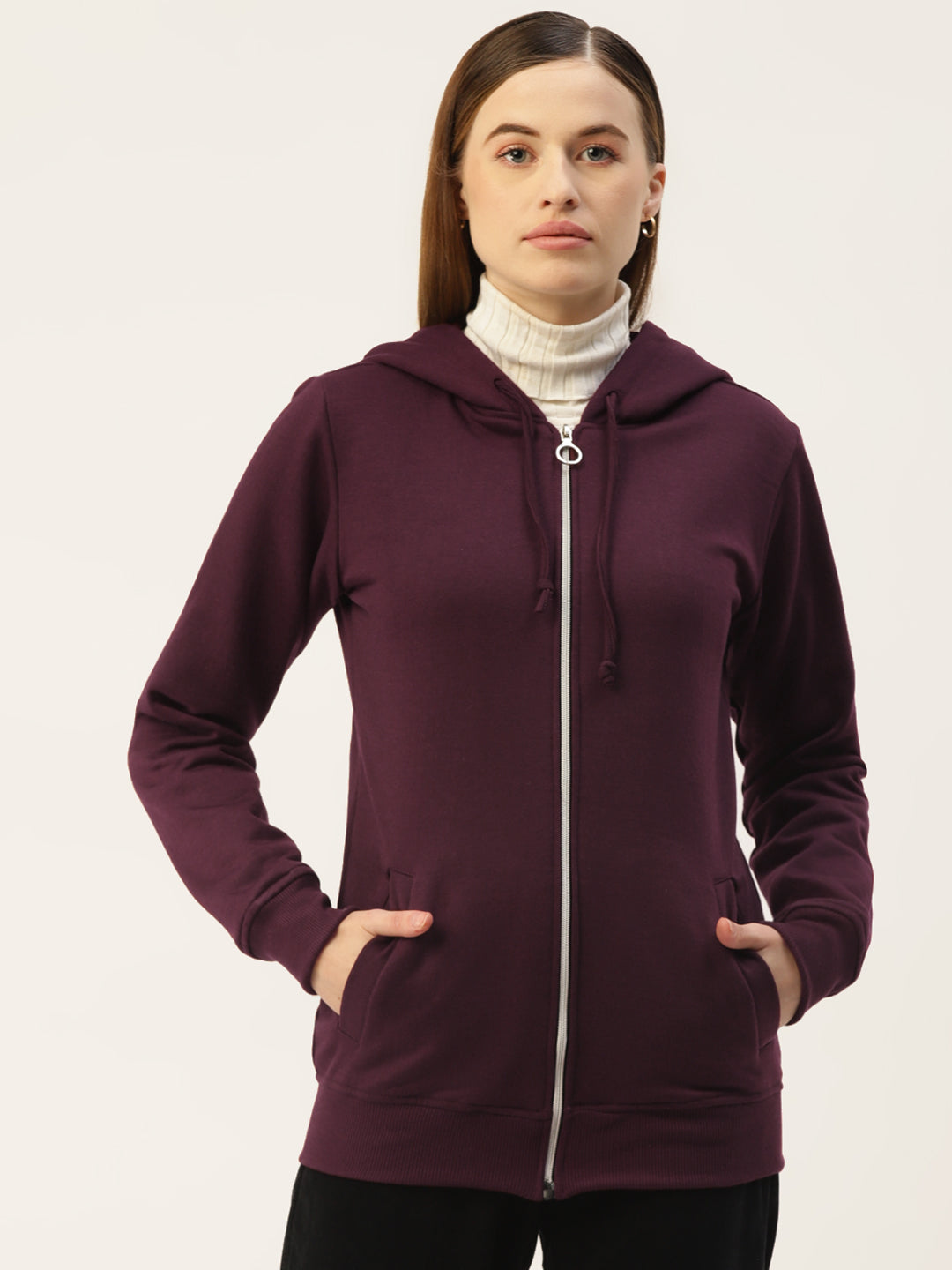 Solid Fleece-Lined Zip-Closure Hooded Sweatshirt with Pockets