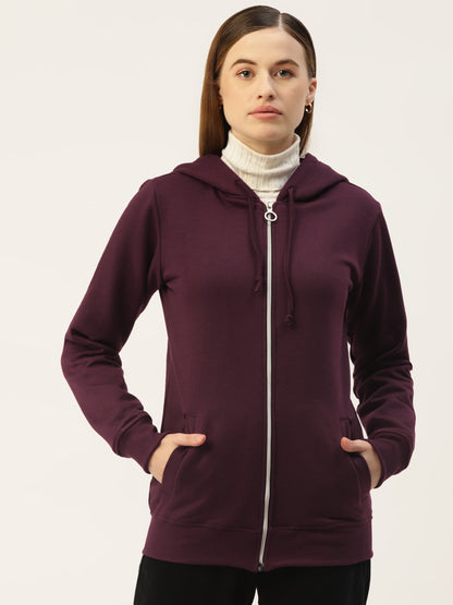 Solid Fleece-Lined Zip-Closure Hooded Sweatshirt with Pockets