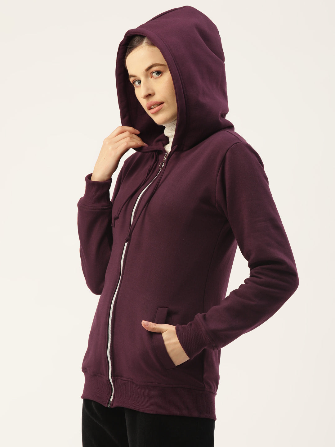 Solid Fleece-Lined Zip-Closure Hooded Sweatshirt with Pockets