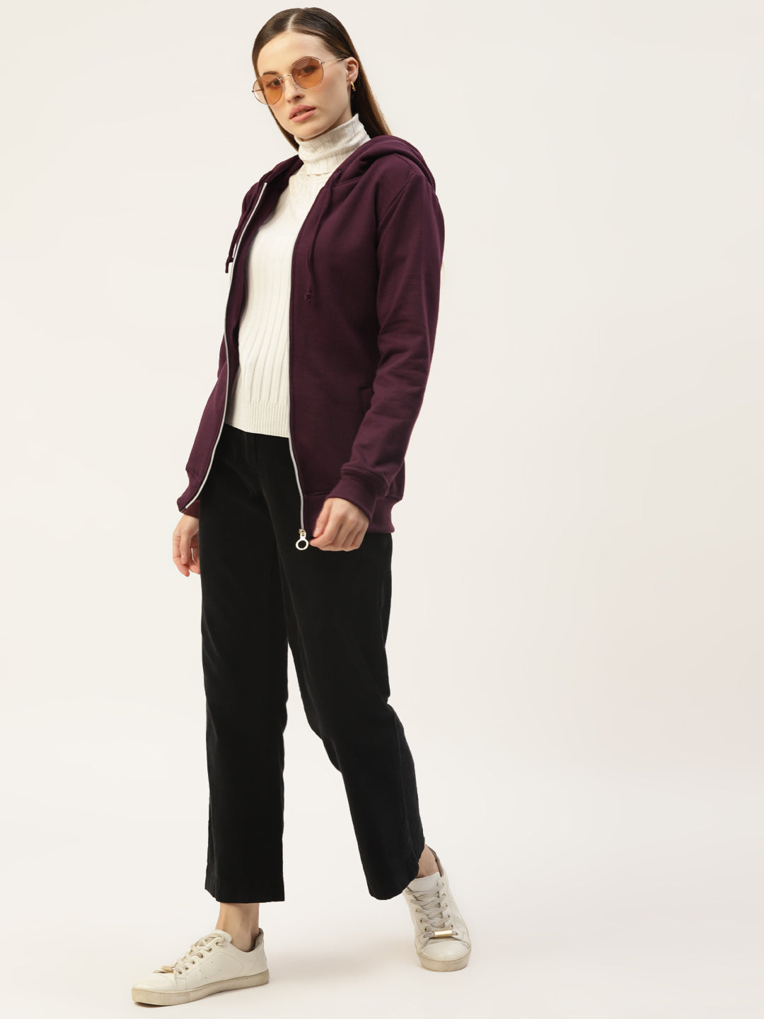 Solid Fleece-Lined Zip-Closure Hooded Sweatshirt with Pockets