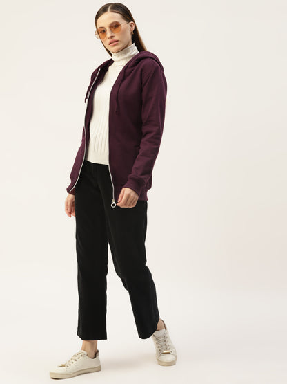 Solid Fleece-Lined Zip-Closure Hooded Sweatshirt with Pockets