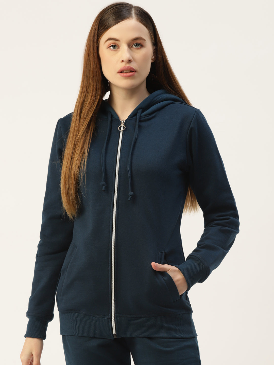 Solid Fleece-Lined Zip-Closure Hooded Sweatshirt with Pockets