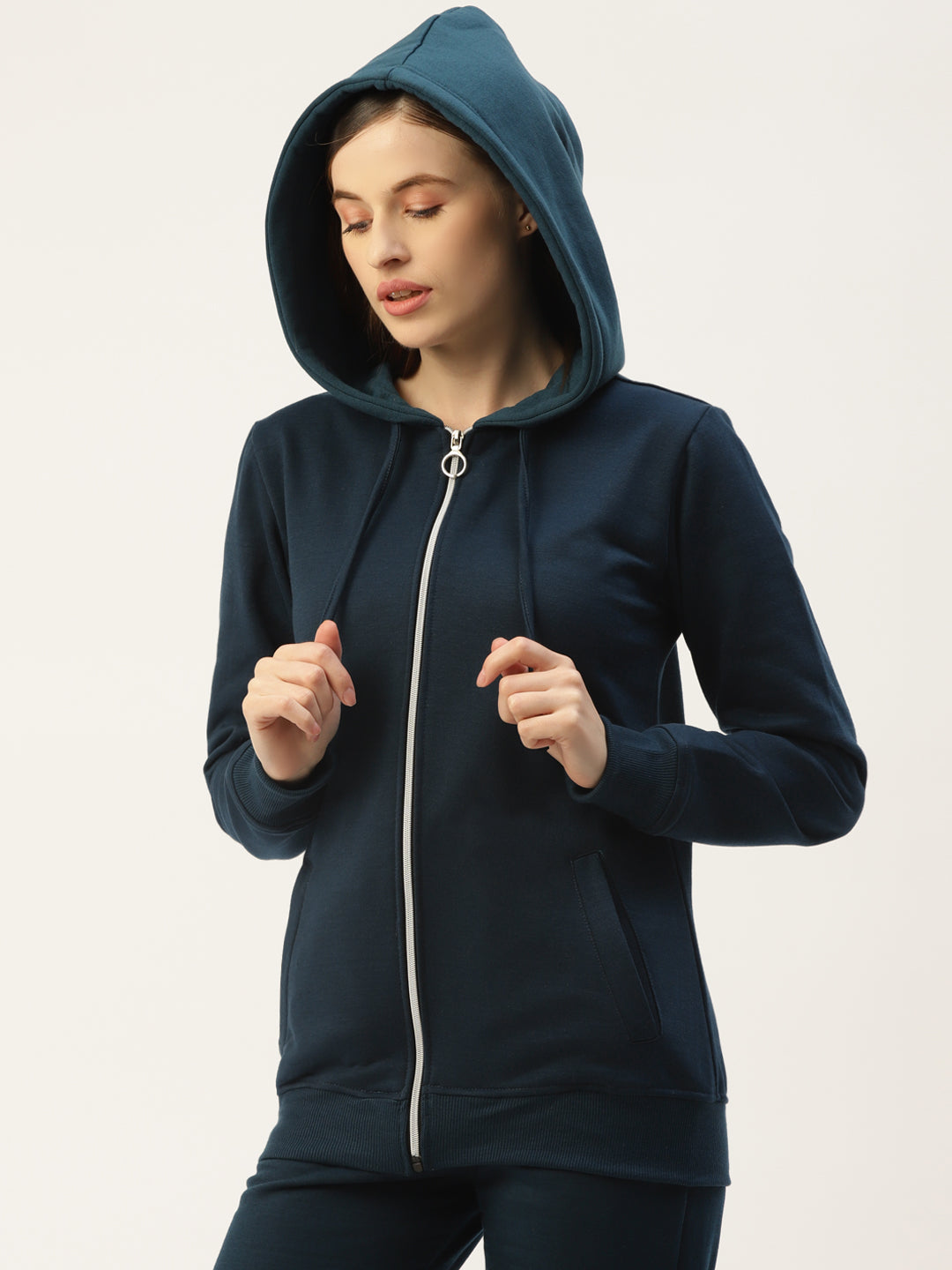 Solid Fleece-Lined Zip-Closure Hooded Sweatshirt with Pockets