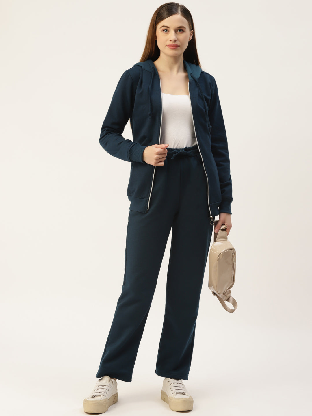 Solid Fleece-Lined Zip-Closure Hooded Sweatshirt with Pockets