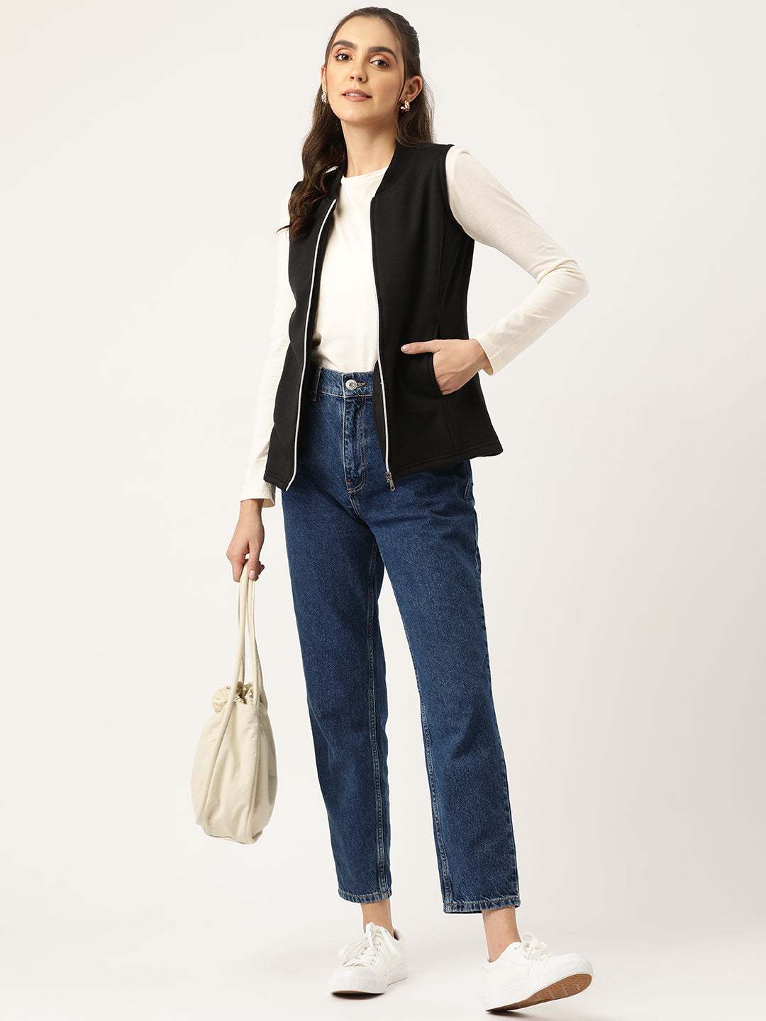 Henley Collar Sleeveless Fleece Zip Detail Tailored Jacket