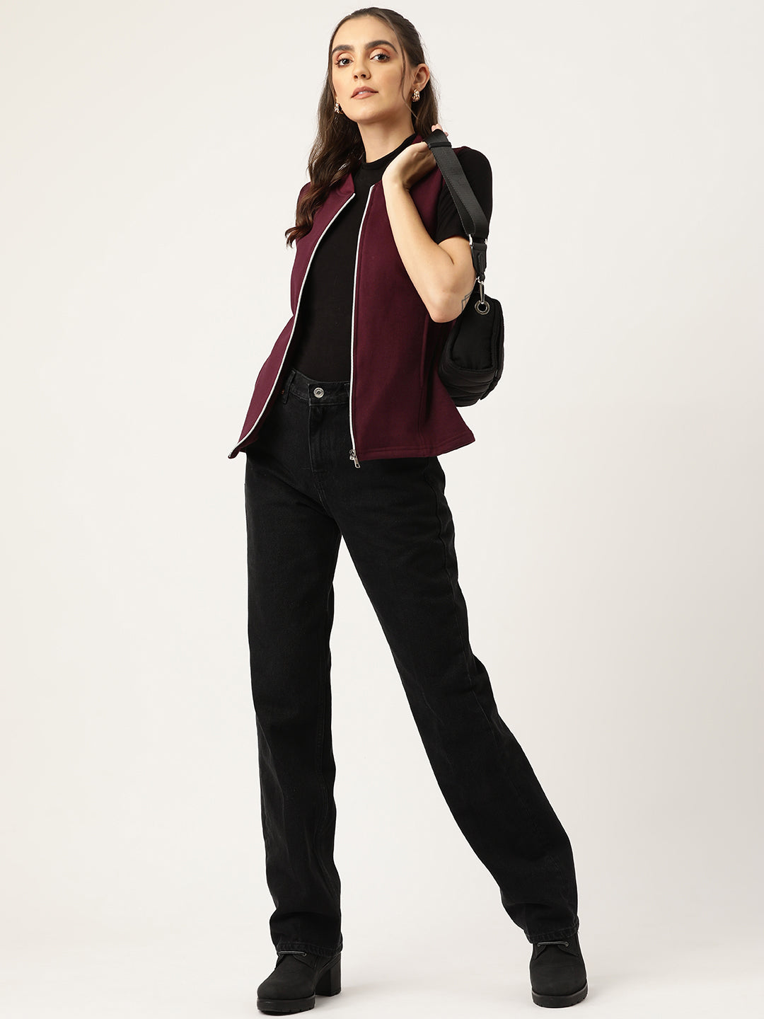 Henley Collar Sleeveless Fleece Zip Detail Tailored Jacket