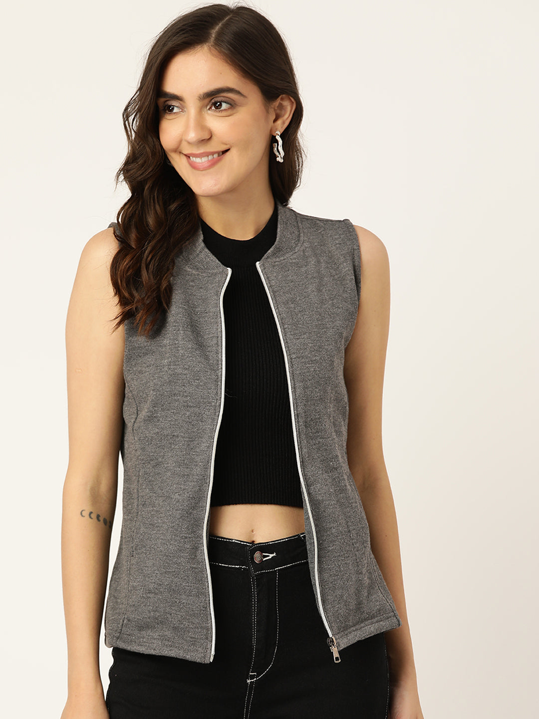 Henley Collar Sleeveless Fleece Zip Detail Tailored Jacket