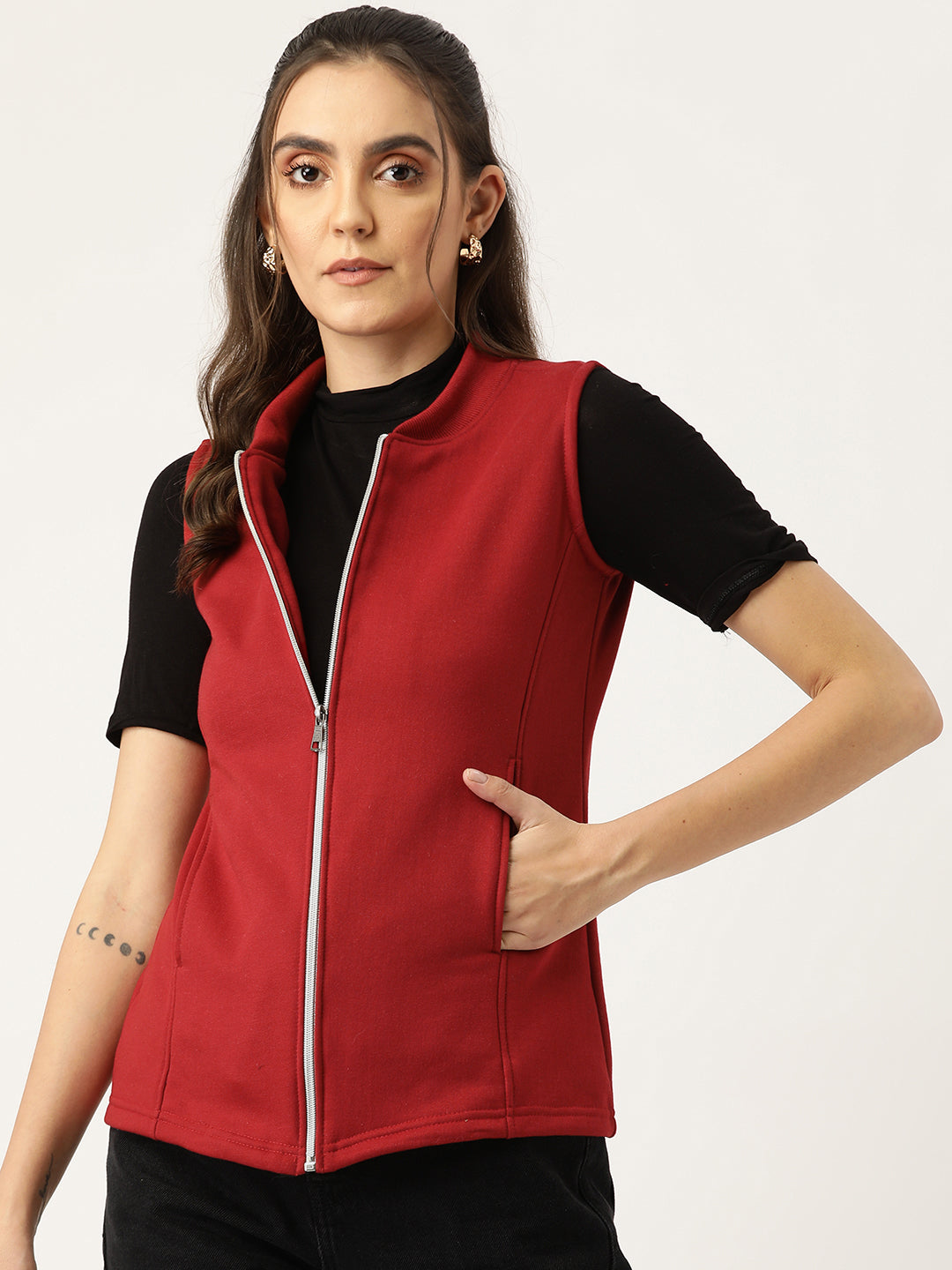 Henley Collar Sleeveless Fleece Zip Detail Tailored Jacket
