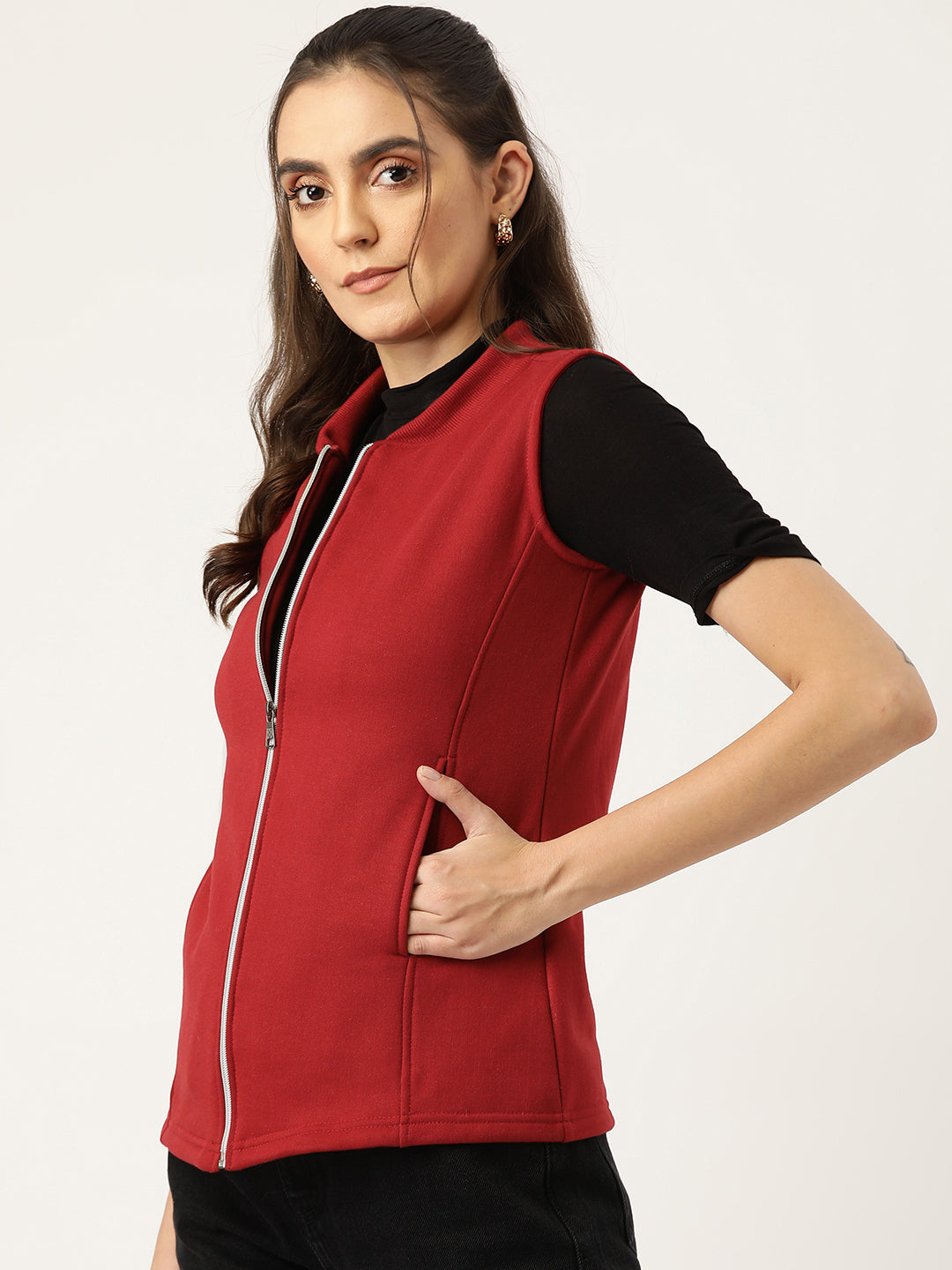 Henley Collar Sleeveless Fleece Zip Detail Tailored Jacket