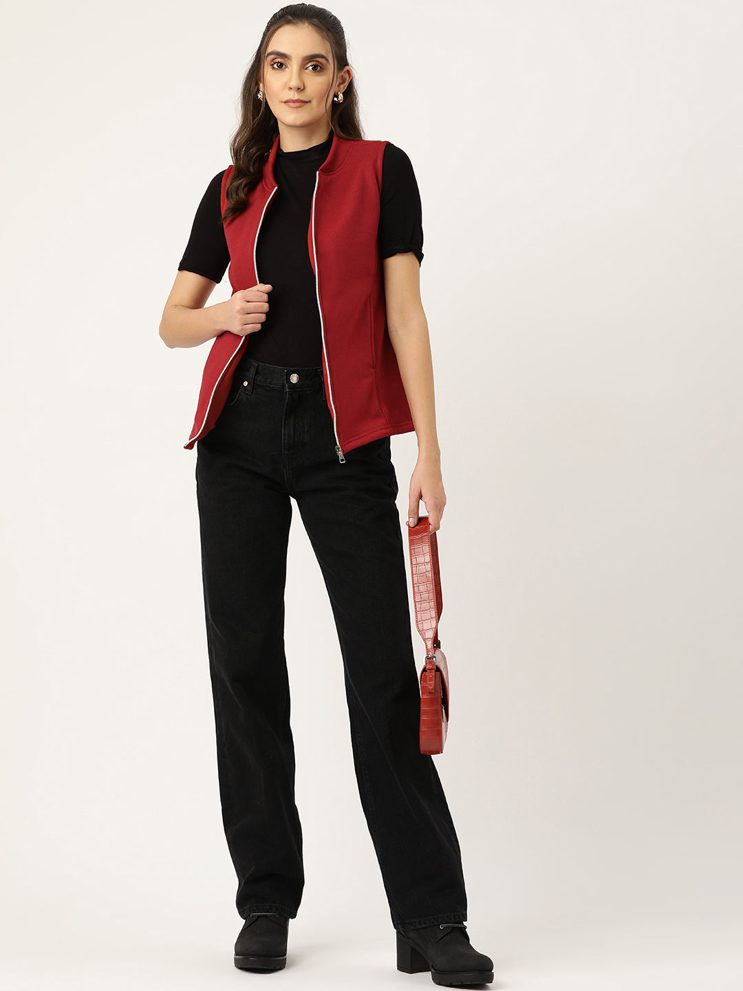 Henley Collar Sleeveless Fleece Zip Detail Tailored Jacket