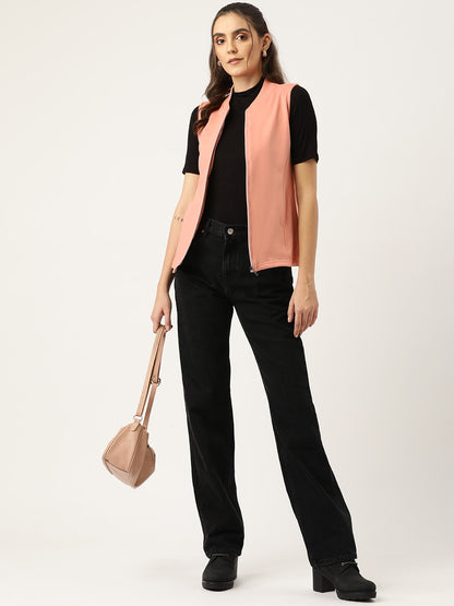 Henley Collar Sleeveless Fleece Zip Detail Tailored Jacket