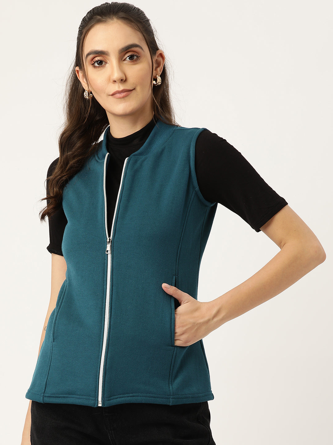 Henley Collar Sleeveless Fleece Zip Detail Tailored Jacket