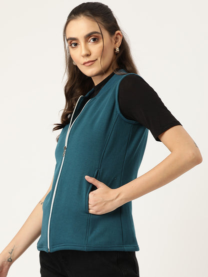 Henley Collar Sleeveless Fleece Zip Detail Tailored Jacket