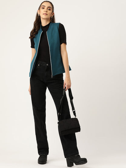 Henley Collar Sleeveless Fleece Zip Detail Tailored Jacket