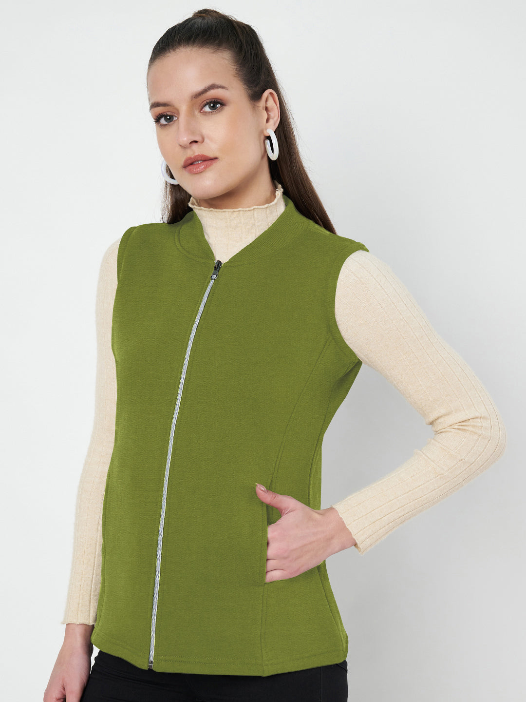 Henley Collar Sleeveless Fleece Zip Detail Tailored Jacket
