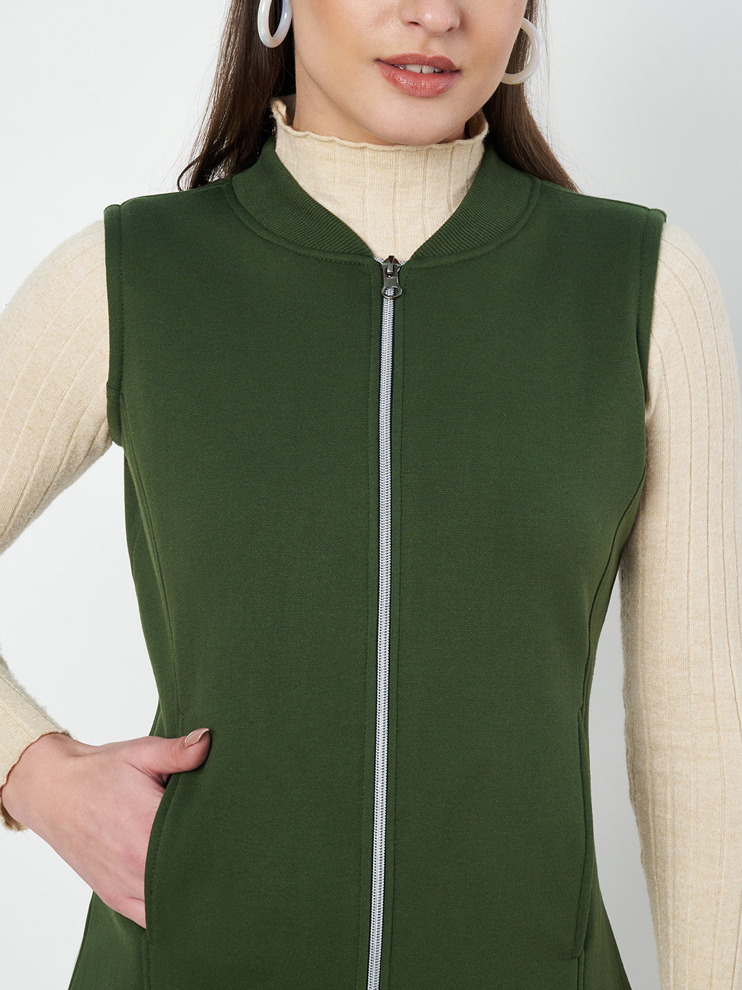 Henley Collar Sleeveless Fleece Zip Detail Tailored Jacket