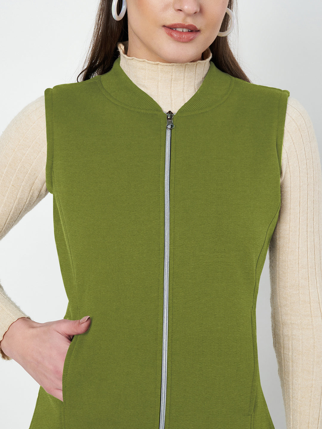 Henley Collar Sleeveless Fleece Zip Detail Tailored Jacket
