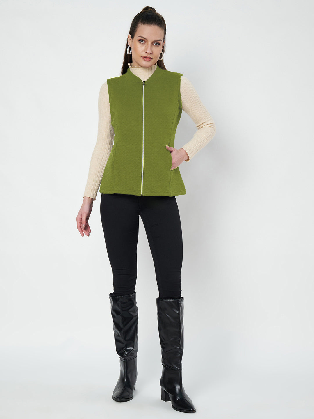 Henley Collar Sleeveless Fleece Zip Detail Tailored Jacket