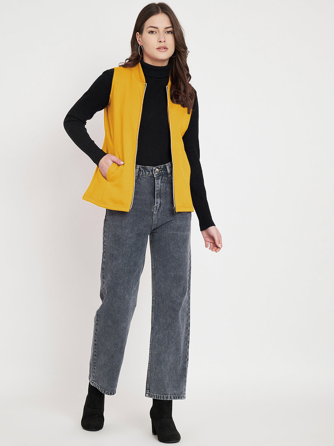 Henley Collar Sleeveless Fleece Zip Detail Tailored Jacket