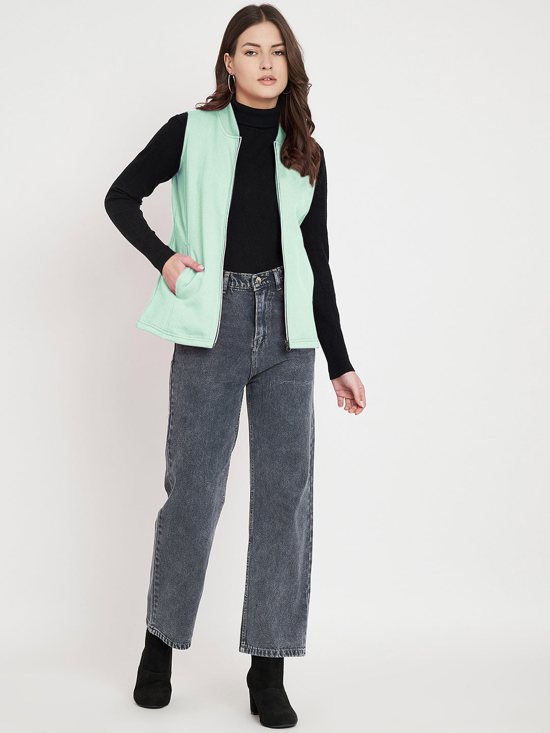 Henley Collar Sleeveless Fleece Zip Detail Tailored Jacket