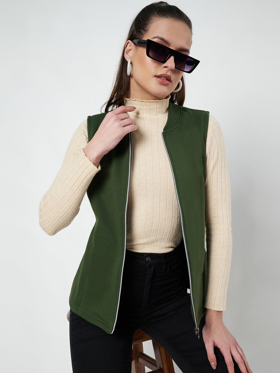 Henley Collar Sleeveless Fleece Zip Detail Tailored Jacket