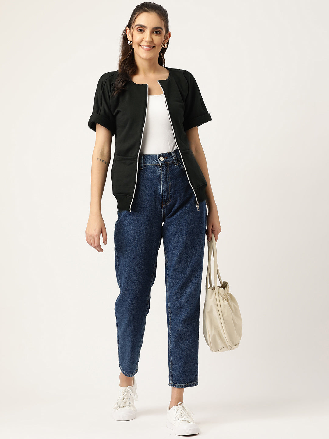 Collarless Solid Fleece Casual Bomber Jacket