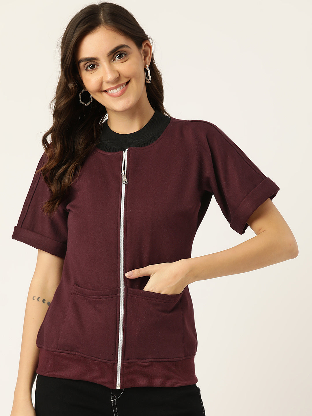 Collarless Solid Fleece Casual Bomber Jacket