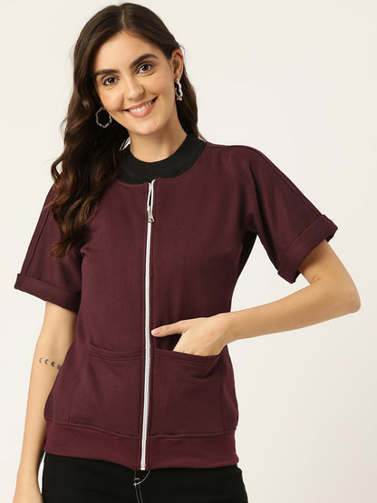 Collarless Solid Fleece Casual Bomber Jacket