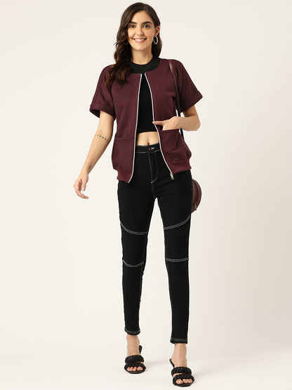 Collarless Solid Fleece Casual Bomber Jacket