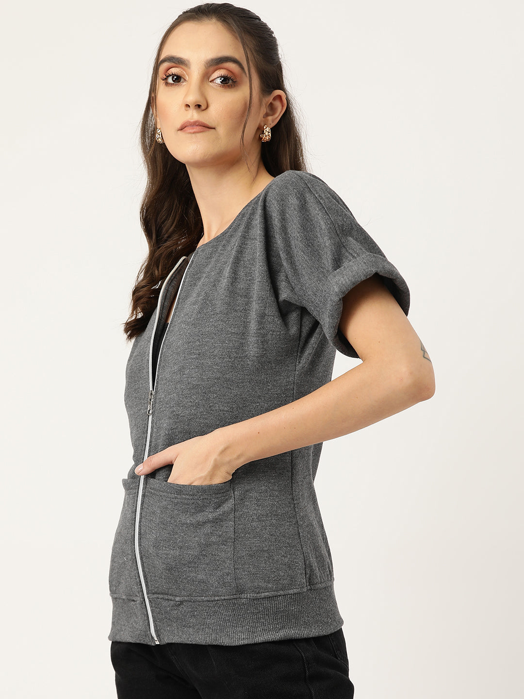 Collarless Solid Fleece Casual Bomber Jacket