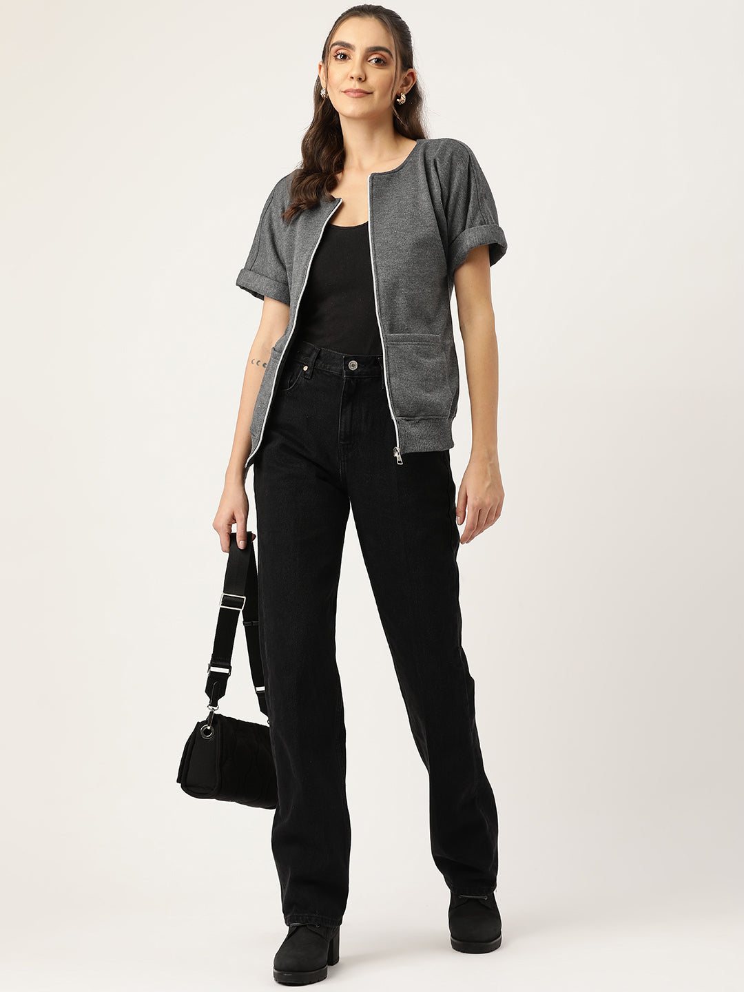 Collarless Solid Fleece Casual Bomber Jacket