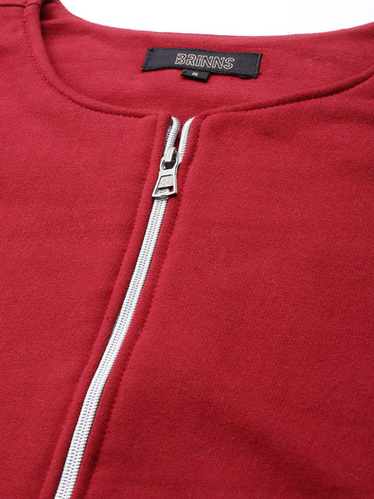 Collarless Solid Fleece Casual Bomber Jacket