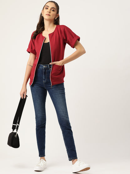 Collarless Solid Fleece Casual Bomber Jacket