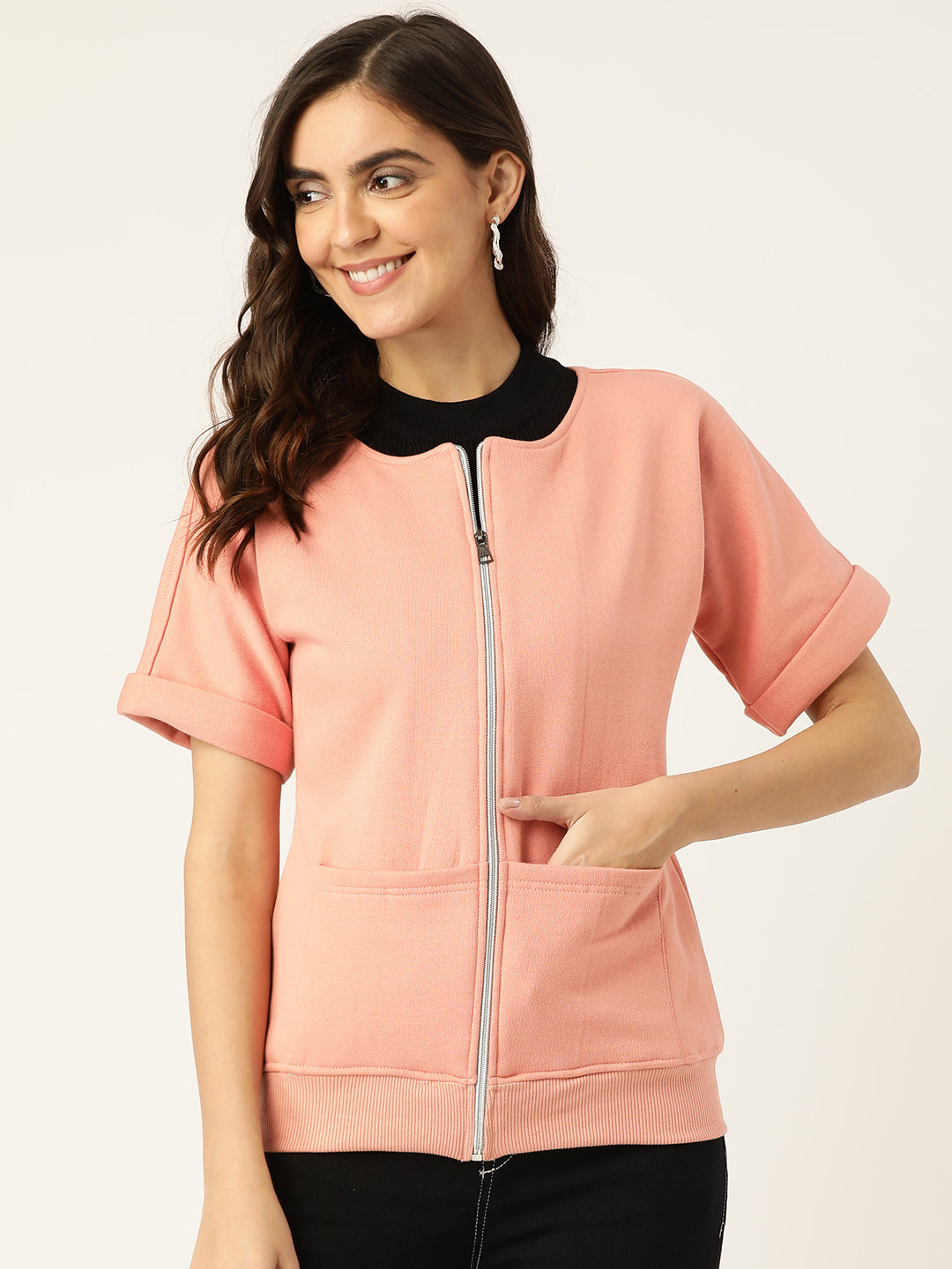 Collarless Solid Fleece Casual Bomber Jacket
