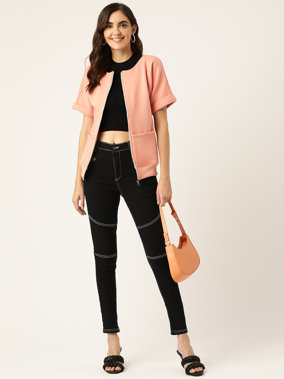 Collarless Solid Fleece Casual Bomber Jacket