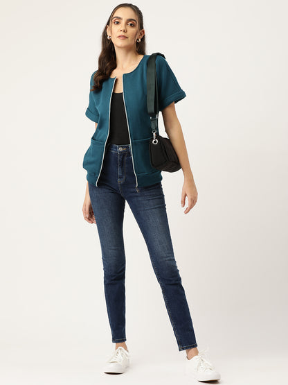 Collarless Solid Fleece Casual Bomber Jacket