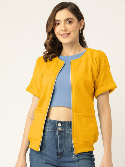 Collarless Solid Fleece Casual Bomber Jacket