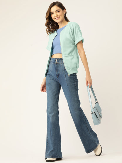 Collarless Solid Fleece Casual Bomber Jacket