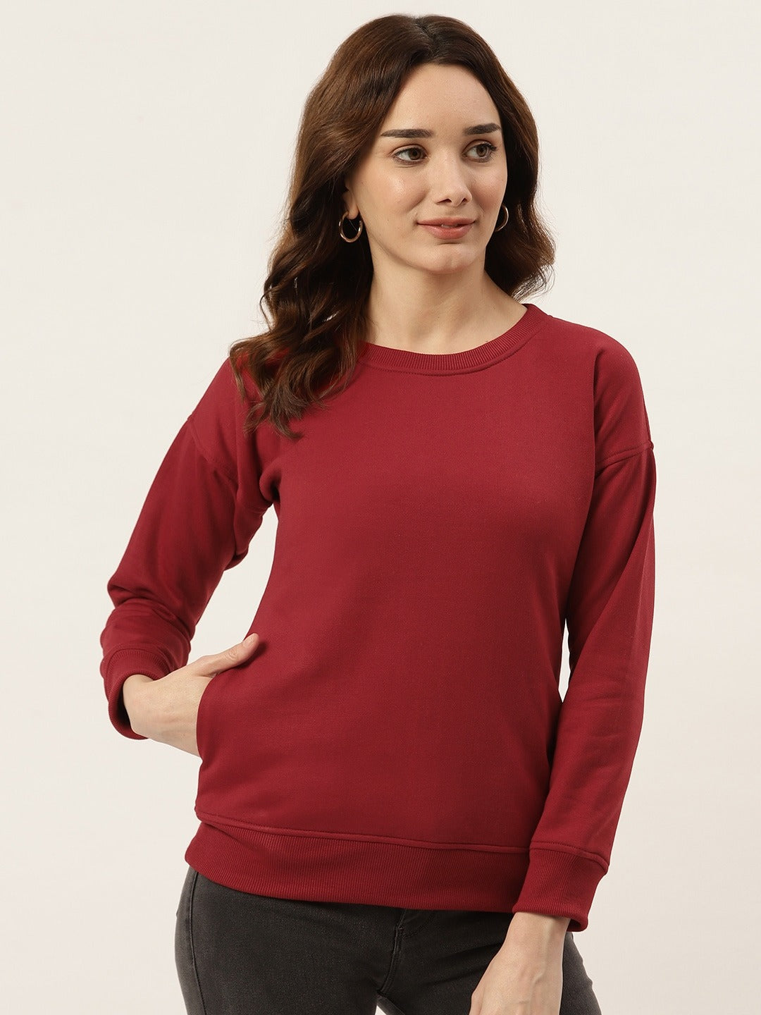 Solid Fleece Pullover Sweatshirt with Pockets