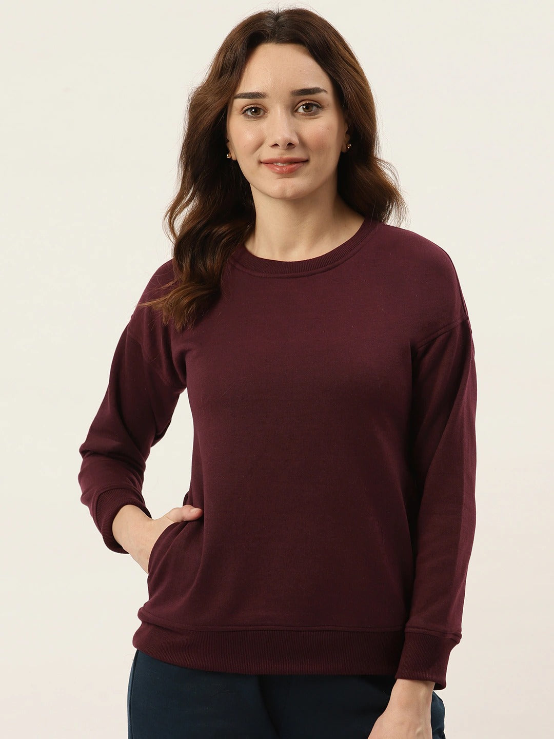 Solid Fleece Pullover Sweatshirt with Pockets